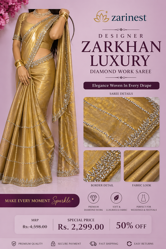 Beautiful Heavy Zarkan Diamond Work Saree
