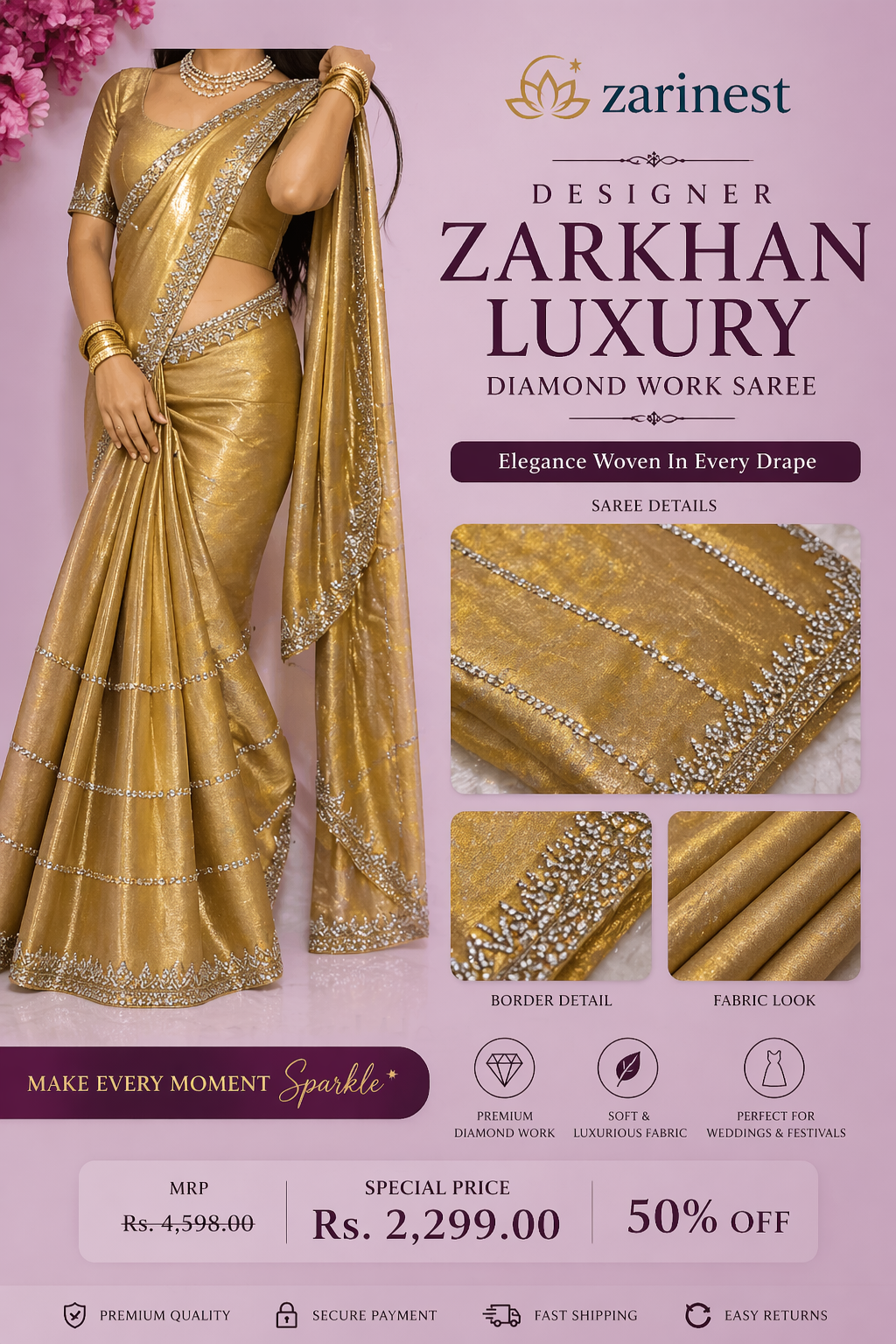 Beautiful Heavy Zarkan Diamond Work Saree
